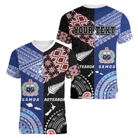 Personalised Aotearoa and Samoa Together Women V-Neck T-Shirt Tatau Art Tattoos-Taniko and Tukutuku with Maori Pattern LT03 - Polynesian Pride