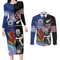 Custom Aotearoa and Samoa Rugby Couples Matching Long Sleeve Bodycon Dress and Long Sleeve Button Shirt Maori Warrior and Teuila Emblem-Tatau with Taniko Art LT03 Black - Polynesian Pride