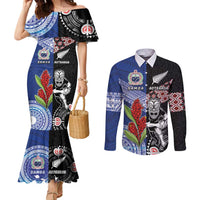 Custom Aotearoa and Samoa Rugby Couples Matching Mermaid Dress and Long Sleeve Button Shirt Maori Warrior and Teuila Emblem-Tatau with Taniko Art LT03 Black - Polynesian Pride