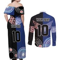 Custom Aotearoa and Samoa Rugby Couples Matching Off Shoulder Maxi Dress and Long Sleeve Button Shirt Maori Warrior and Teuila Emblem-Tatau with Taniko Art LT03 - Polynesian Pride