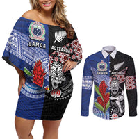 Custom Aotearoa and Samoa Rugby Couples Matching Off Shoulder Short Dress and Long Sleeve Button Shirt Maori Warrior and Teuila Emblem-Tatau with Taniko Art LT03 Black - Polynesian Pride