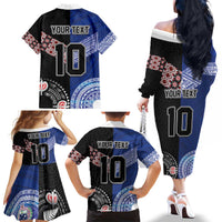 Custom Aotearoa and Samoa Rugby Family Matching Off The Shoulder Long Sleeve Dress and Hawaiian Shirt Maori Warrior and Teuila Emblem-Tatau with Taniko Art LT03 - Polynesian Pride