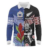 Custom Aotearoa and Samoa Rugby Long Sleeve Polo Shirt Maori Warrior and Teuila Emblem-Tatau with Taniko Art LT03 Black - Polynesian Pride