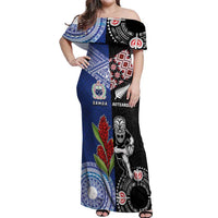 Custom Aotearoa and Samoa Rugby Off Shoulder Maxi Dress Maori Warrior and Teuila Emblem-Tatau with Taniko Art LT03 Women Black - Polynesian Pride