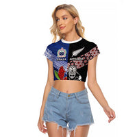 Custom Aotearoa and Samoa Rugby Raglan Cropped T Shirt Maori Warrior and Teuila Emblem-Tatau with Taniko Art LT03 Female Black - Polynesian Pride