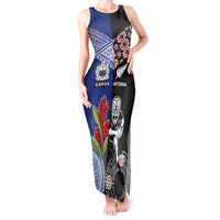 Custom Aotearoa and Samoa Rugby Tank Maxi Dress Maori Warrior and Teuila Emblem-Tatau with Taniko Art LT03 Women Black - Polynesian Pride