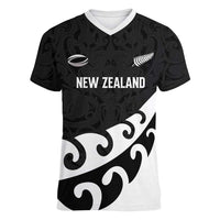 Custom NZ Rugby Women V-Neck T-Shirt Koru and Silver Fern Sporty Style LT03 Female Black - Polynesian Pride