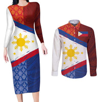 Philippines National Flag Day Couples Matching Long Sleeve Bodycon Dress and Long Sleeve Button Shirt Polynesian and Yakan Tattoo Brush Style LT03 Red - Polynesian Pride
