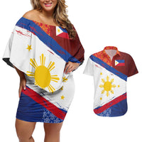 Philippines National Flag Day Couples Matching Off Shoulder Short Dress and Hawaiian Shirt Polynesian and Yakan Tattoo Brush Style LT03 Red - Polynesian Pride
