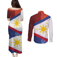 Philippines National Flag Day Couples Matching Puletasi and Long Sleeve Button Shirt Polynesian and Yakan Tattoo Brush Style LT03 - Polynesian Pride