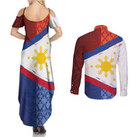 Philippines National Flag Day Couples Matching Summer Maxi Dress and Long Sleeve Button Shirt Polynesian and Yakan Tattoo Brush Style LT03 - Polynesian Pride