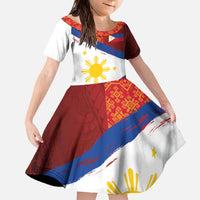 Philippines National Flag Day Family Matching Off The Shoulder Long Sleeve Dress and Hawaiian Shirt Polynesian and Yakan Tattoo Brush Style LT03 Daughter's Dress Red - Polynesian Pride