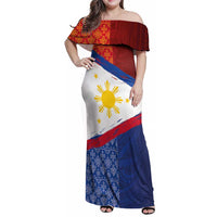 Philippines National Flag Day Family Matching Off Shoulder Maxi Dress and Hawaiian Shirt Polynesian and Yakan Tattoo Brush Style LT03 Mom's Dress Red - Polynesian Pride
