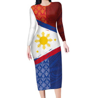 Philippines National Flag Day Long Sleeve Bodycon Dress Polynesian and Yakan Tattoo Brush Style LT03 Long Dress Red - Polynesian Pride
