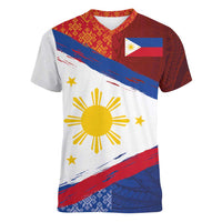 Philippines National Flag Day Women V-Neck T-Shirt Polynesian and Yakan Tattoo Brush Style LT03 Female Red - Polynesian Pride