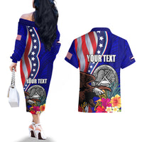 Personalised American Samoa and United States Couples Matching Off The Shoulder Long Sleeve Dress and Hawaiian Shirt Bald Eagle and Seal Hibiscus Polynesian Pattern LT03 - Polynesian Pride
