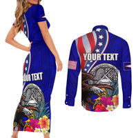 Personalised American Samoa and United States Couples Matching Short Sleeve Bodycon Dress and Long Sleeve Button Shirt Bald Eagle and Seal Hibiscus Polynesian Pattern LT03 - Polynesian Pride