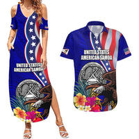 Personalised American Samoa and United States Couples Matching Summer Maxi Dress and Hawaiian Shirt Bald Eagle and Seal Hibiscus Polynesian Pattern LT03 Blue - Polynesian Pride