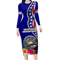 Personalised American Samoa and United States Family Matching Long Sleeve Bodycon Dress and Hawaiian Shirt Bald Eagle and Seal Hibiscus Polynesian Pattern LT03 Mom's Dress Blue - Polynesian Pride