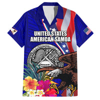 Personalised American Samoa and United States Family Matching Short Sleeve Bodycon Dress and Hawaiian Shirt Bald Eagle and Seal Hibiscus Polynesian Pattern LT03 Dad's Shirt - Short Sleeve Blue - Polynesian Pride