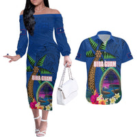 Guam Liberation Day 80th Anniversary Couples Matching Off The Shoulder Long Sleeve Dress and Hawaiian Shirt Palm Tree and Seal Artwork Hibiscus Polynesian Pattern LT03 Blue - Polynesian Pride