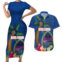Guam Liberation Day 80th Anniversary Couples Matching Short Sleeve Bodycon Dress and Hawaiian Shirt Palm Tree and Seal Artwork Hibiscus Polynesian Pattern LT03 Blue - Polynesian Pride