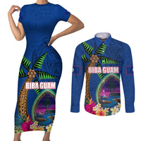 Guam Liberation Day 80th Anniversary Couples Matching Short Sleeve Bodycon Dress and Long Sleeve Button Shirt Palm Tree and Seal Artwork Hibiscus Polynesian Pattern LT03 Blue - Polynesian Pride