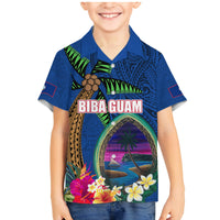 Guam Liberation Day 80th Anniversary Family Matching Mermaid Dress and Hawaiian Shirt Palm Tree and Seal Artwork Hibiscus Polynesian Pattern LT03 Son's Shirt Blue - Polynesian Pride