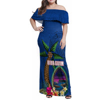 Guam Liberation Day 80th Anniversary Family Matching Off Shoulder Maxi Dress and Hawaiian Shirt Palm Tree and Seal Artwork Hibiscus Polynesian Pattern LT03 Mom's Dress Blue - Polynesian Pride