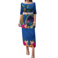 Guam Liberation Day 80th Anniversary Family Matching Puletasi and Hawaiian Shirt Palm Tree and Seal Artwork Hibiscus Polynesian Pattern LT03 Mom's Dress Blue - Polynesian Pride