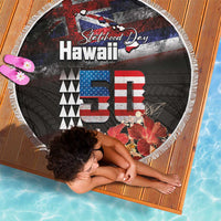 Hawaii Statehood Day Beach Blanket 50th state of the United States Kakau Tattoos and Hibiscus Grunge LT03 - Polynesian Pride