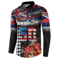 Hawaii Statehood Day Button Sweatshirt 50th state of the United States Kakau Tattoos and Hibiscus Grunge LT03 - Polynesian Pride