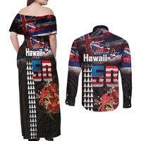 Hawaii Statehood Day Couples Matching Off Shoulder Maxi Dress and Long Sleeve Button Shirt 50th state of the United States Kakau Tattoos and Hibiscus Grunge - Polynesian Pride
