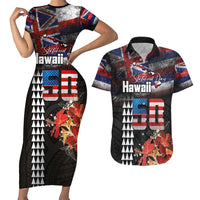 Hawaii Statehood Day Couples Matching Short Sleeve Bodycon Dress and Hawaiian Shirt 50th state of the United States Kakau Tattoos and Hibiscus Grunge - Polynesian Pride