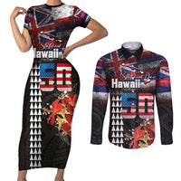 Hawaii Statehood Day Couples Matching Short Sleeve Bodycon Dress and Long Sleeve Button Shirt 50th state of the United States Kakau Tattoos and Hibiscus Grunge - Polynesian Pride