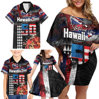 Hawaii Statehood Day Family Matching Off Shoulder Short Dress and Hawaiian Shirt 50th state of the United States Kakau Tattoos and Hibiscus Grunge LT03 - Polynesian Pride