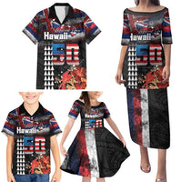 Hawaii Statehood Day Family Matching Puletasi and Hawaiian Shirt 50th state of the United States Kakau Tattoos and Hibiscus Grunge LT03 - Polynesian Pride