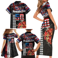 Hawaii Statehood Day Family Matching Short Sleeve Bodycon Dress and Hawaiian Shirt 50th state of the United States Kakau Tattoos and Hibiscus Grunge - Polynesian Pride