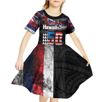Hawaii Statehood Day Kid Short Sleeve Dress 50th state of the United States Kakau Tattoos and Hibiscus Grunge LT03 - Polynesian Pride
