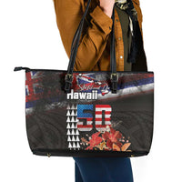 Hawaii Statehood Day Leather Tote Bag 50th state of the United States Kakau Tattoos and Hibiscus Grunge LT03 - Polynesian Pride
