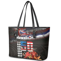 Hawaii Statehood Day Leather Tote Bag 50th state of the United States Kakau Tattoos and Hibiscus Grunge LT03 - Polynesian Pride