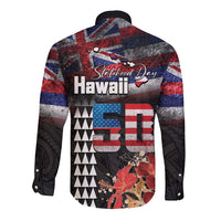 Hawaii Statehood Day Long Sleeve Button Shirt 50th state of the United States Kakau Tattoos and Hibiscus Grunge LT03 - Polynesian Pride