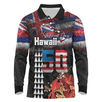 Hawaii Statehood Day Long Sleeve Polo Shirt 50th state of the United States Kakau Tattoos and Hibiscus Grunge LT03 Black - Polynesian Pride