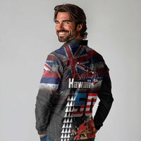 Hawaii Statehood Day Long Sleeve Polo Shirt 50th state of the United States Kakau Tattoos and Hibiscus Grunge LT03 - Polynesian Pride