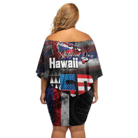 Hawaii Statehood Day Off Shoulder Short Dress 50th state of the United States Kakau Tattoos and Hibiscus Grunge LT03 - Polynesian Pride