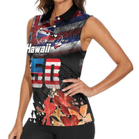 Hawaii Statehood Day Women Sleeveless Polo Shirt 50th state of the United States Kakau Tattoos and Hibiscus Grunge LT03 - Polynesian Pride