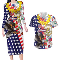 Hawaii and United States Together Couples Matching Long Sleeve Bodycon Dress and Hawaiian Shirt Seal of Hawaii and Bald Eagle LT03 White - Polynesian Pride