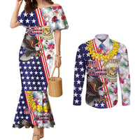 Hawaii and United States Together Couples Matching Mermaid Dress and Long Sleeve Button Shirt Seal of Hawaii and Bald Eagle LT03 White - Polynesian Pride