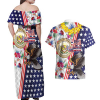 Hawaii and United States Together Couples Matching Off Shoulder Maxi Dress and Hawaiian Shirt Seal of Hawaii and Bald Eagle LT03 - Polynesian Pride
