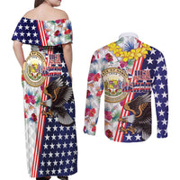 Hawaii and United States Together Couples Matching Off Shoulder Maxi Dress and Long Sleeve Button Shirt Seal of Hawaii and Bald Eagle LT03 - Polynesian Pride